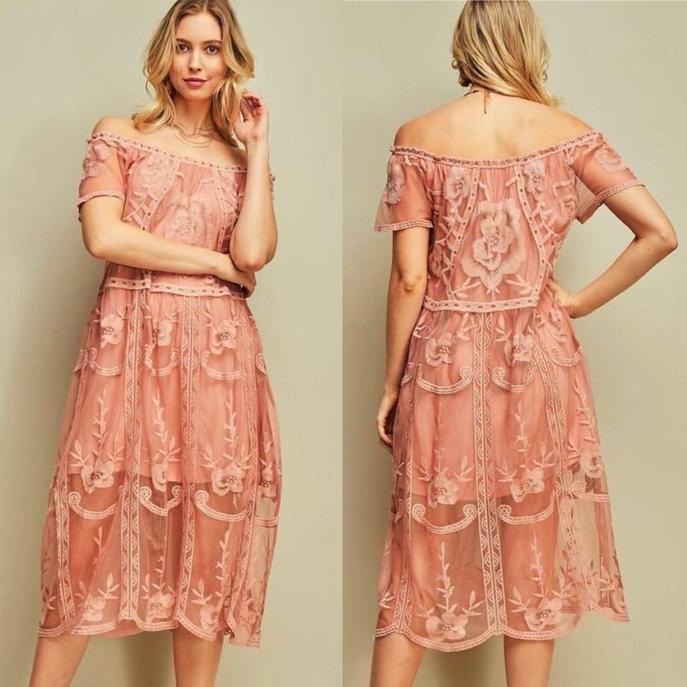 entro blush pink lace midi off the shoulder dress